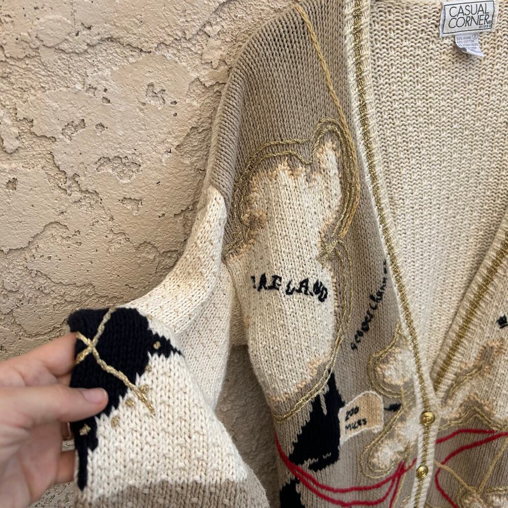 Vintage Casual Corner Europe Map Knit Cardigan Gold Detail Size Womens Small - Picture 8 of 8